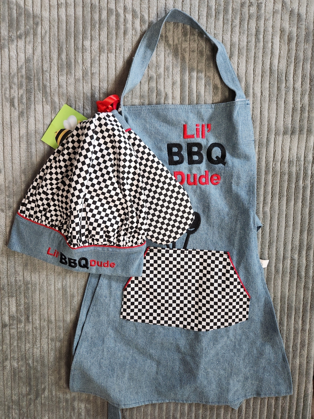 Izzy Lil' BBQ Dude Kids Apron & Chef Hat Set Blue with Black & White Check Nwt